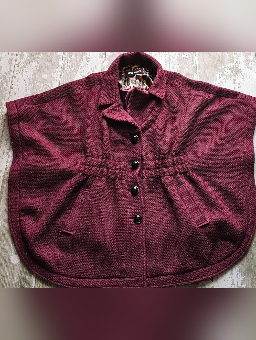 Steve Madden Burgundy Textured Button-Front Cape Coat Sizw Large